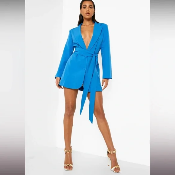 Boohoo tie waste blazer dress in cobalt blue